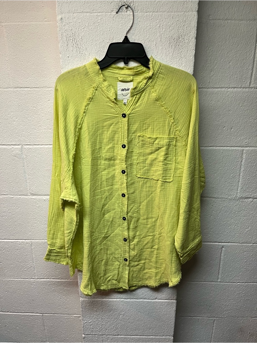 Aerie Neon Lime Yellow Frayed-Edge Button Top
